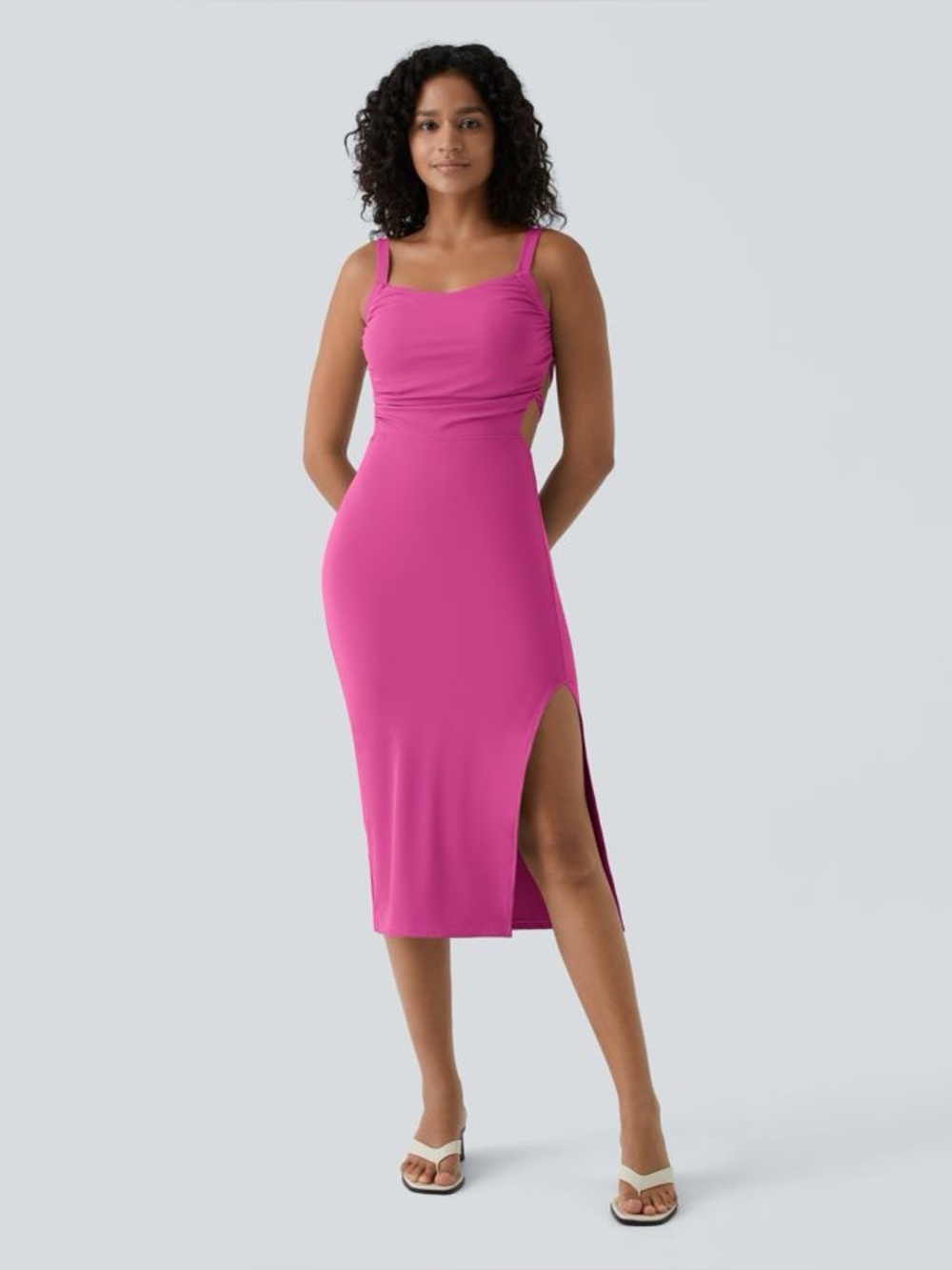 Pink Ruched Lace Up Bodycon Midi Casual Dress